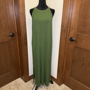 J JILL Olive Green Stretch Slub Jersey Knit High‎ Neck Maxi Dress Pockets Size M
